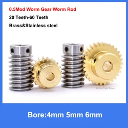 1Pcs 0.5M 20T-60T Brass Worm Gear Wheel Stainless Steel Worm Rod 0.5 Modulus 20 Teeth-60 Teeth Worm Gear Bore 4/5/6mm