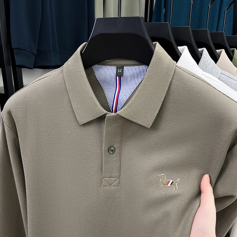 ضوء فاخر موضة 100% القطن الخالص قميص بولو الرجال بأكمام طويلة 2025 الخريف منتج جديد منتصف العمر أبي طوق قاعدة تي شيرت
