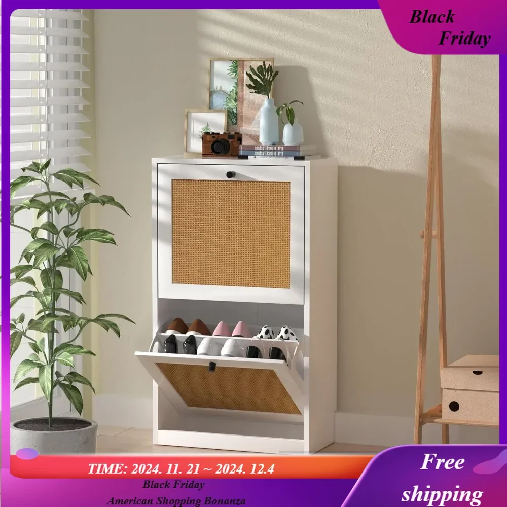 

Rattan Shoe Cabinet, Entryway Cabinet Wooden Shoe Rack with 2 Flip Drawers, 2-Tier Shoe Storage Cabinet for Entryway Hallway