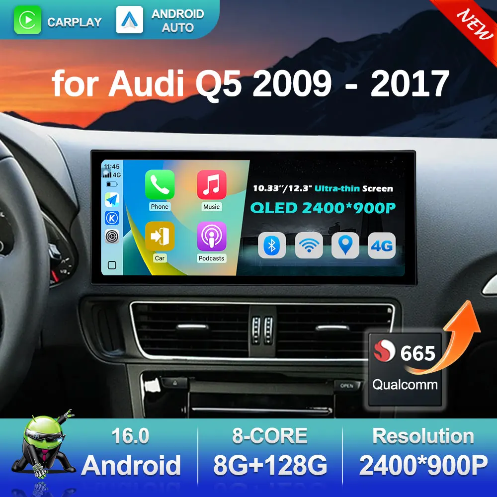 

for Audi Q5 2009 - 2017 Car Radio Video Multimedia Player GPS Navigation 2.5D Screen Android 16 WiFi DSP Stereo Auto Accessories