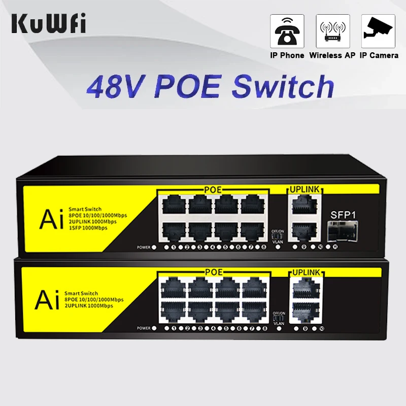 KuWfi Smart Switch 48V POE Network Switch Long Transmission Distance Ethernet Switch IEEE 802.3 AF/AT for IP Cameras/Wireless AP