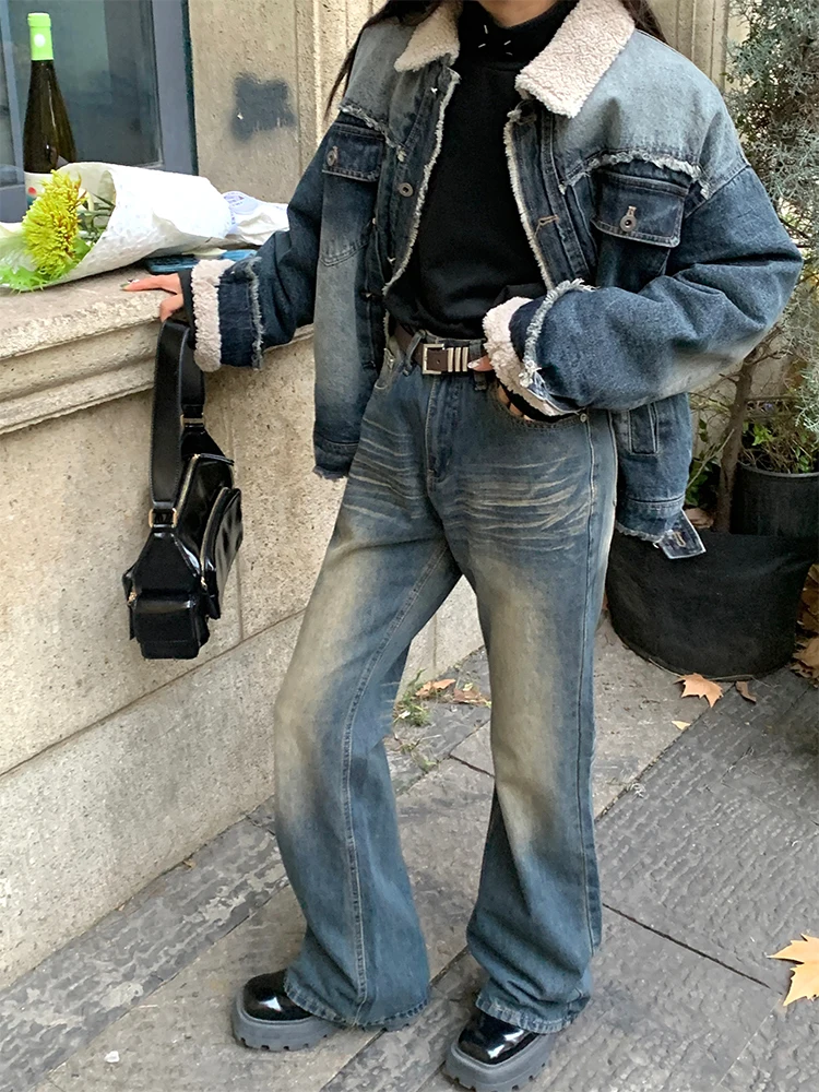 

Американские винтажные джинсы с эффектом выцветания, широкие, прямые, длиной в пол, с расклешенным низом, на высокой талии, на все сезоны