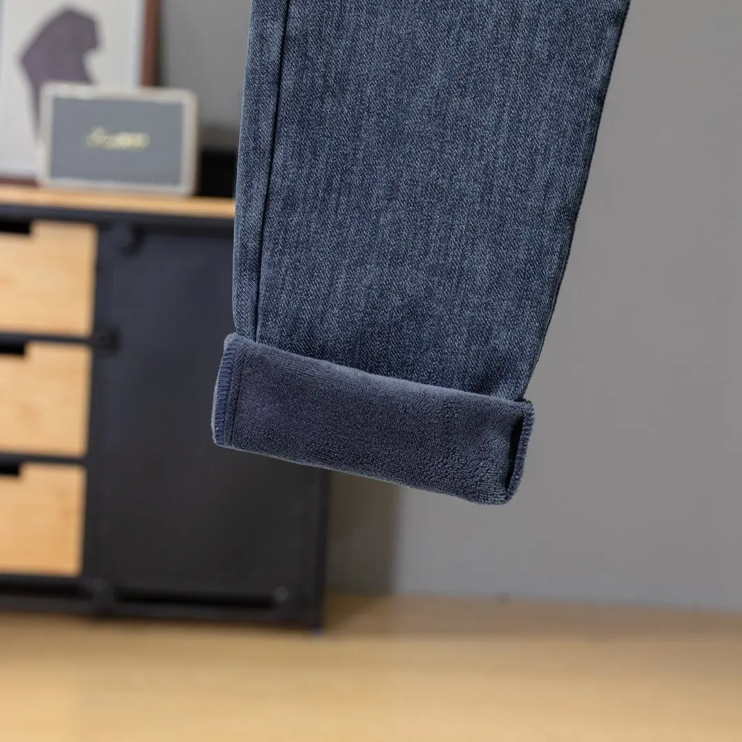 الشتاء الرجال مستقيم الصوف الدافئة الجينز تمتد مريحة فضفاضة عارضة الدنيم السراويل المخملية سميكة ضئيلة السراويل #6