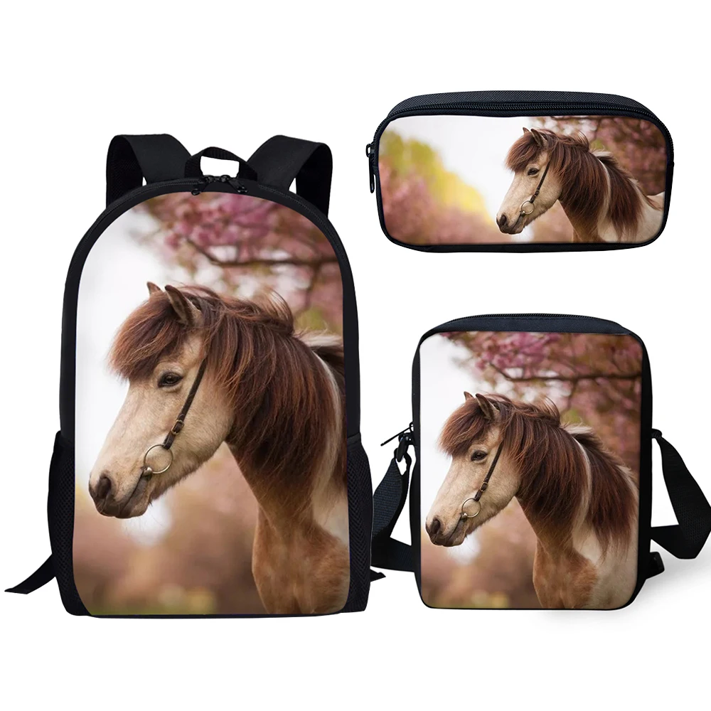 Harajuku Novelty Cool Horses 3pcs/Set Backpack 3D Print School Student Bookbag Laptop Daypack Shoulder Bag Pencil Case