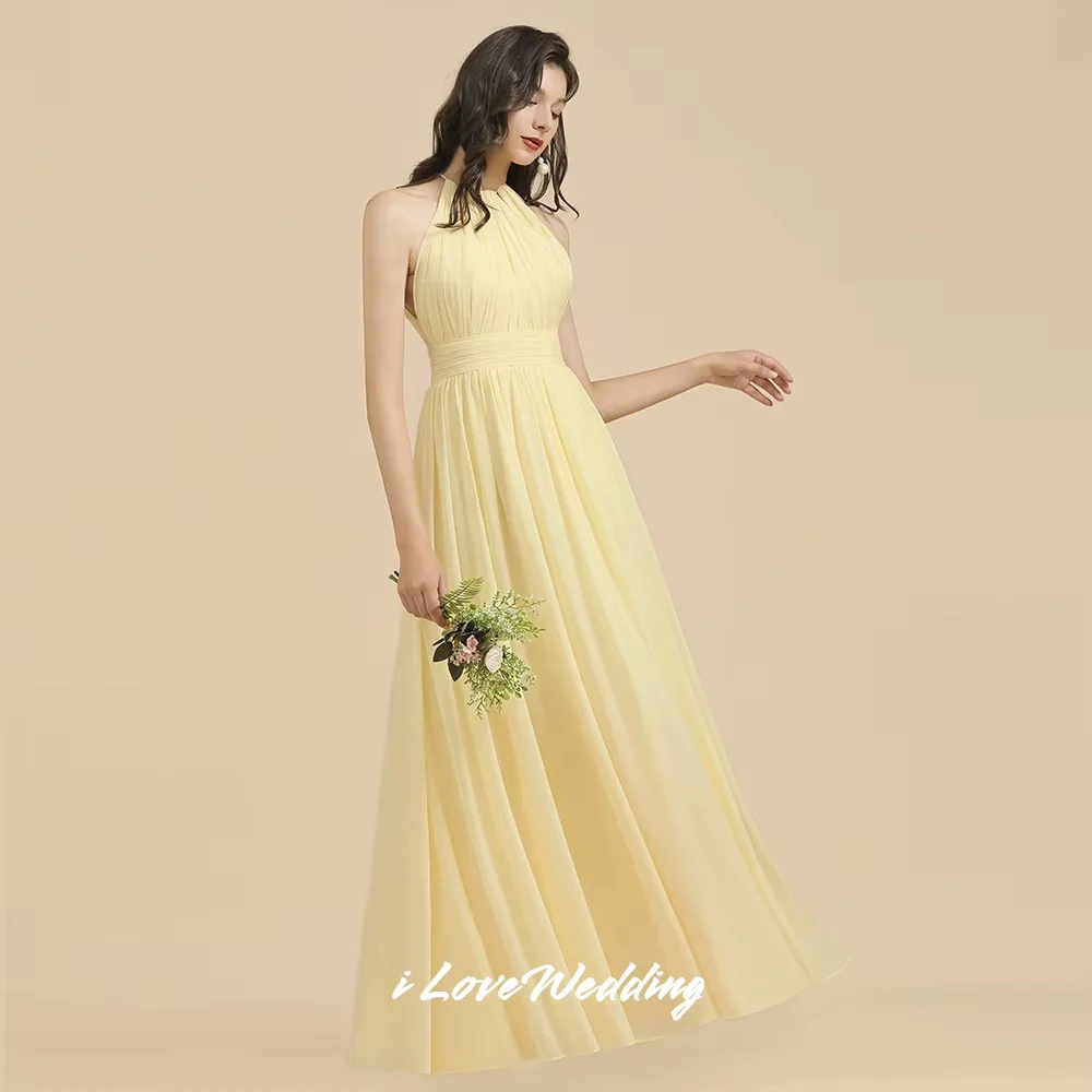 Yellow Halter Bridesmaid Dresses 2025 Chiffon Sleeveless Pleated Side Split A-Line Floor-Length Wedding Guest Dresses Customized