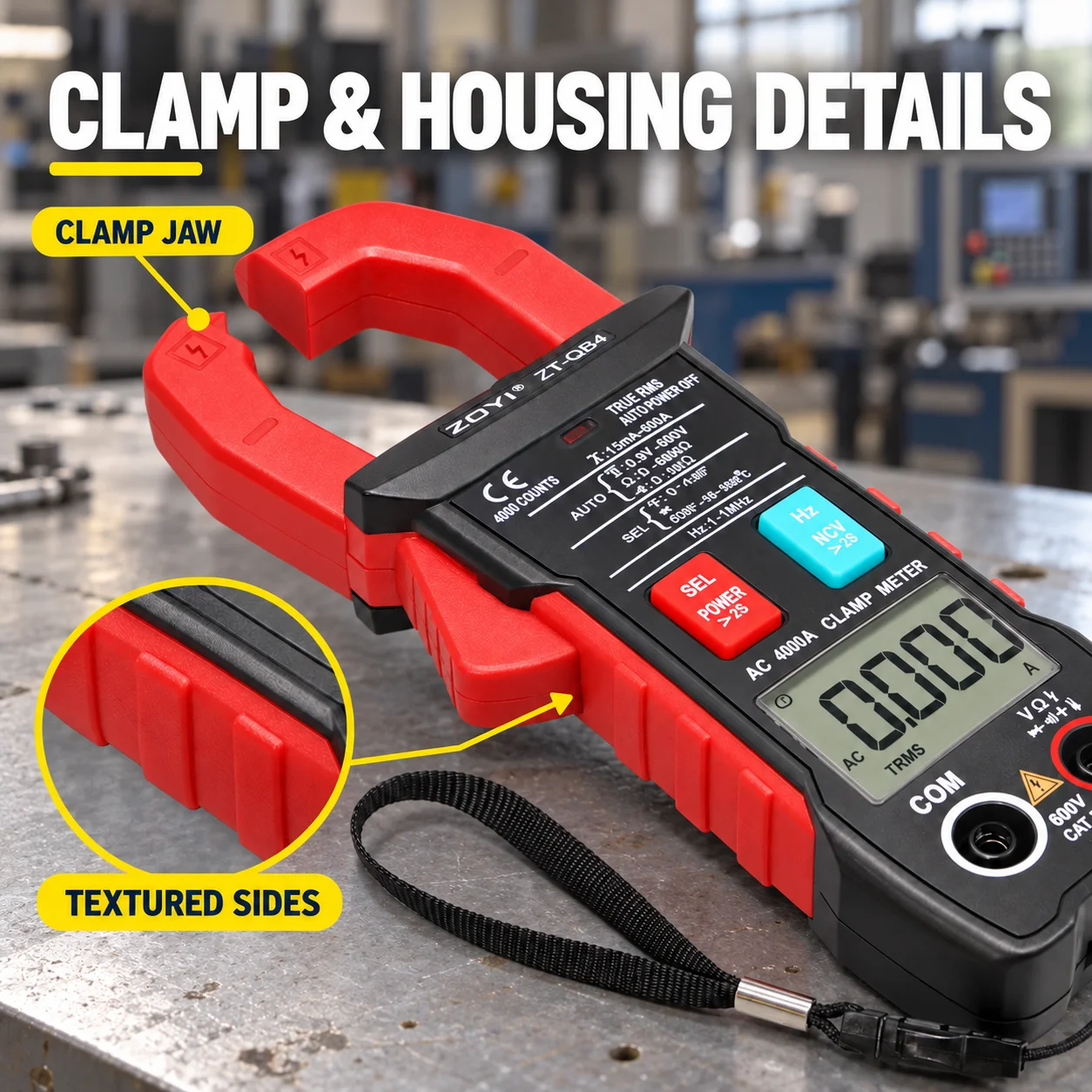 ZOYI Digital Clamp Multimeter True RMS 4000 Counts 600A AC Inrush Current Peak Hold AC DC Voltage NCV Temp for Motor Testing