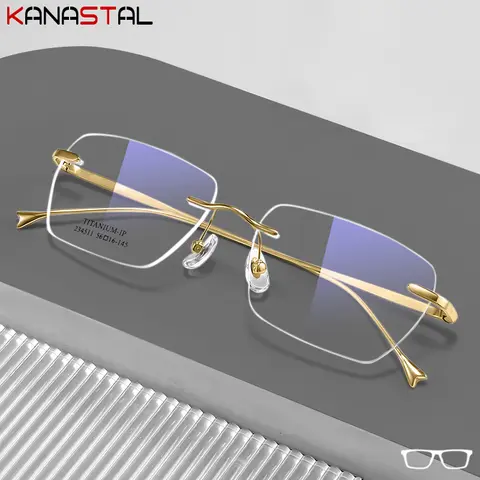 Men Pure Titanium Eyeglasses Frame Women Ultralight Rimless Glasses Blue Light Blocking Lens Prescription Myopia Reading Eyewear