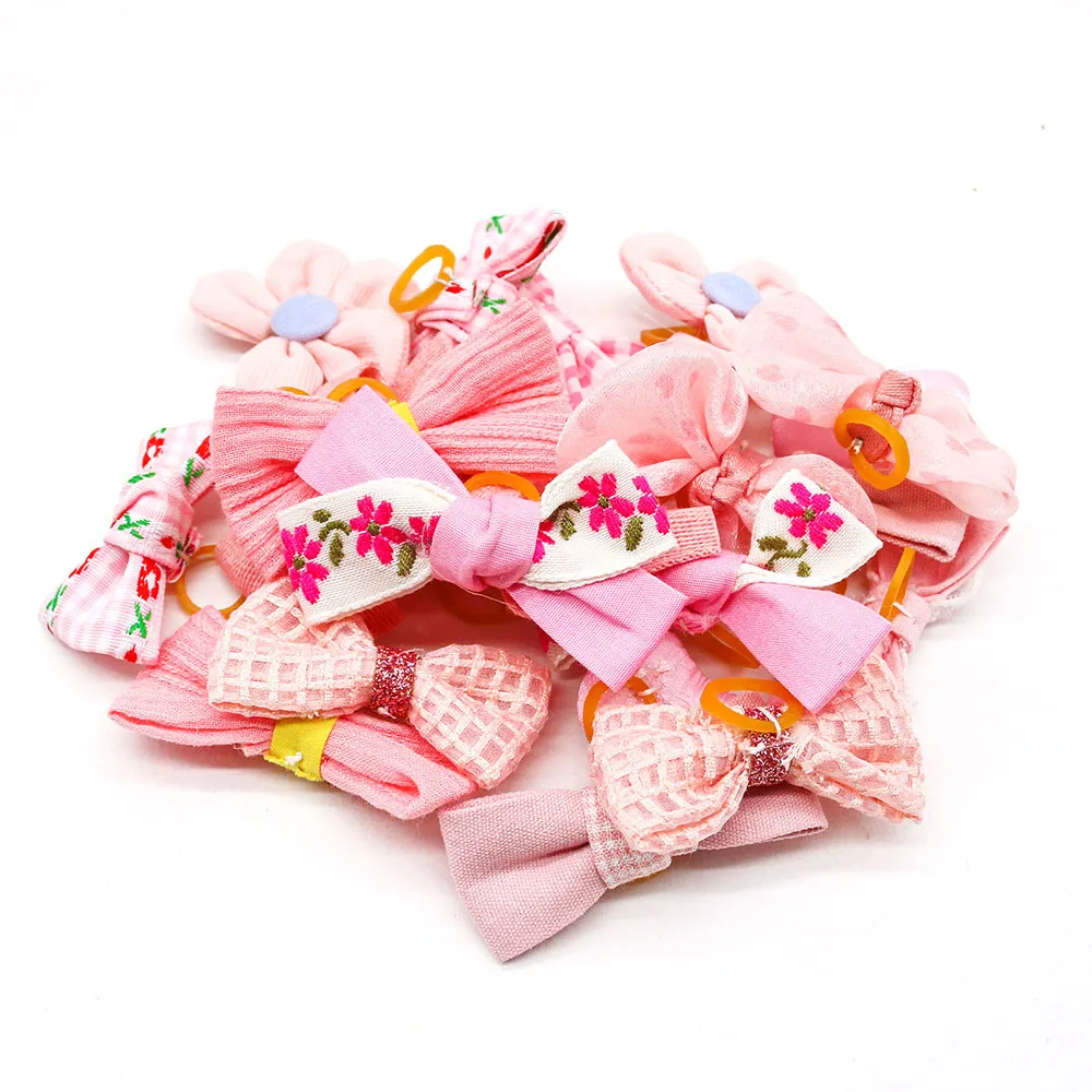 20PCS Handmade Pet Dog Bows Pink Style Hair Bows for Dogs Rubber Bands for Dogs Cat Dog Headware Boutique Dog Hair Accessories