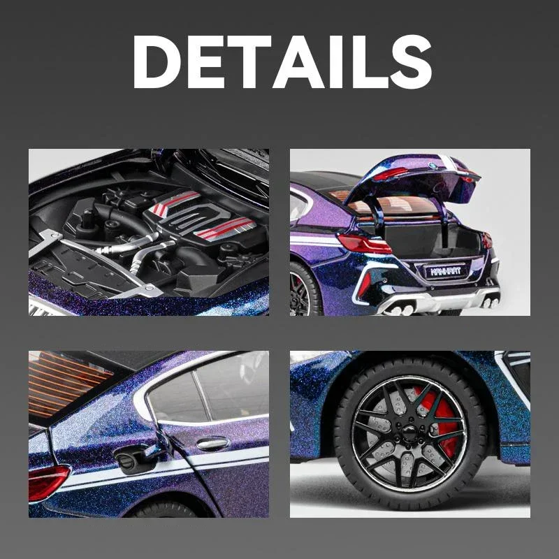 NEW 1:24 BMW M8 Alloy Superscar Model Scale Diecast Metal Vehicle Sound＆Light Simulation Collecties Children Birthday Toy Gift