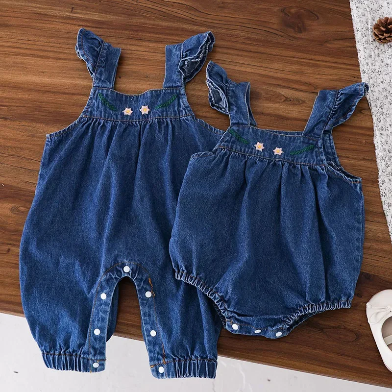 2025 New Spring 0-24M Infant Baby Girl Jumpsuit Overalls Sleeveless Denim Embroidery One-piece Toddler Baby Girl Romper