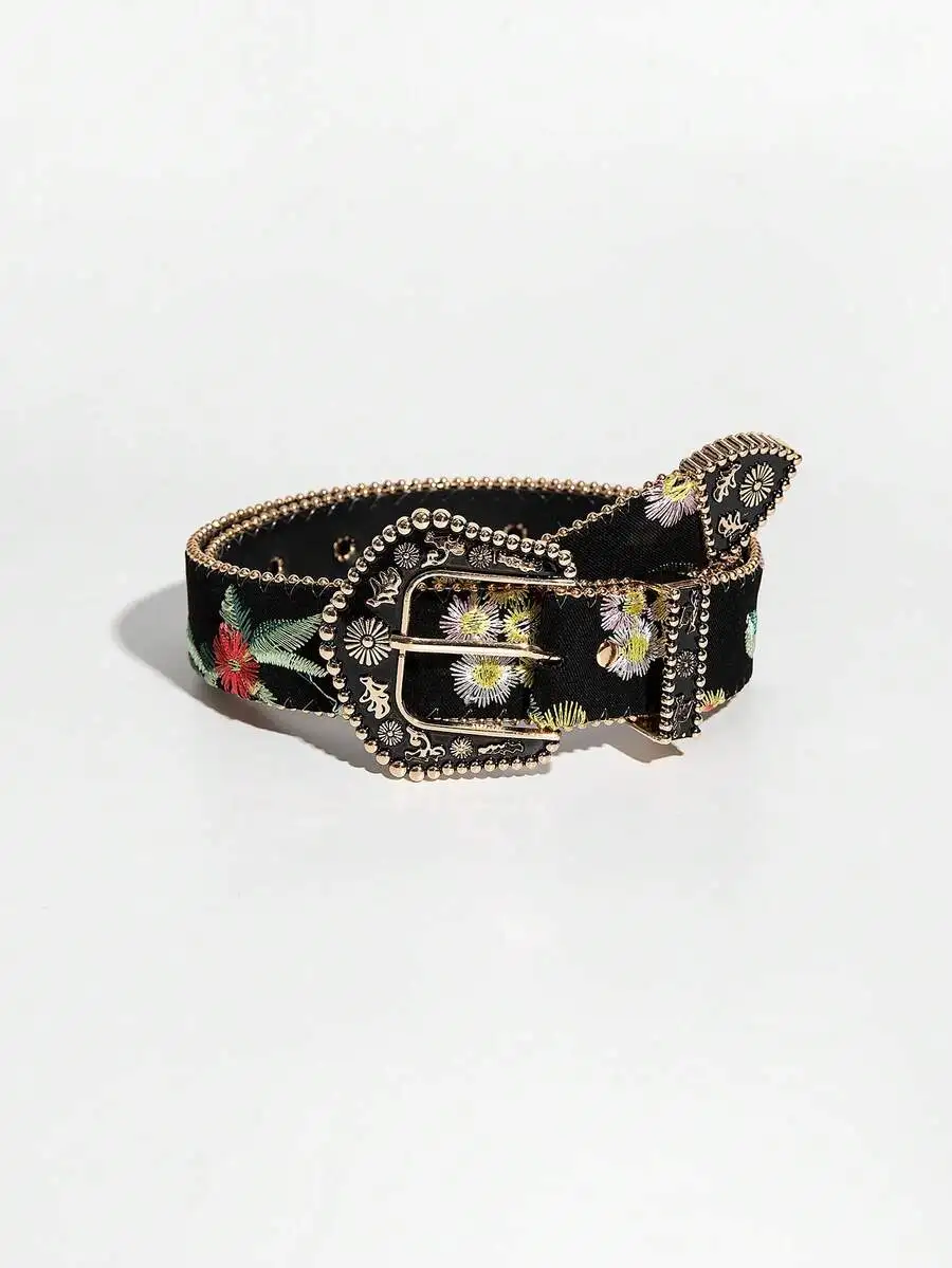 1pc Vintage Western Style Women's Black Floral Carving Metal Belt With Random Color Embroidered And Pressed Flower Features,