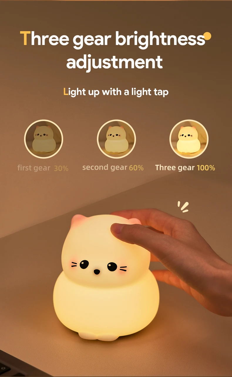 Guardian Kitty Silicone LED Night Lights USB Rechargeable Sleep Night Lamp Timing Bedside Room Decor Kids Baby Nightlight Gift