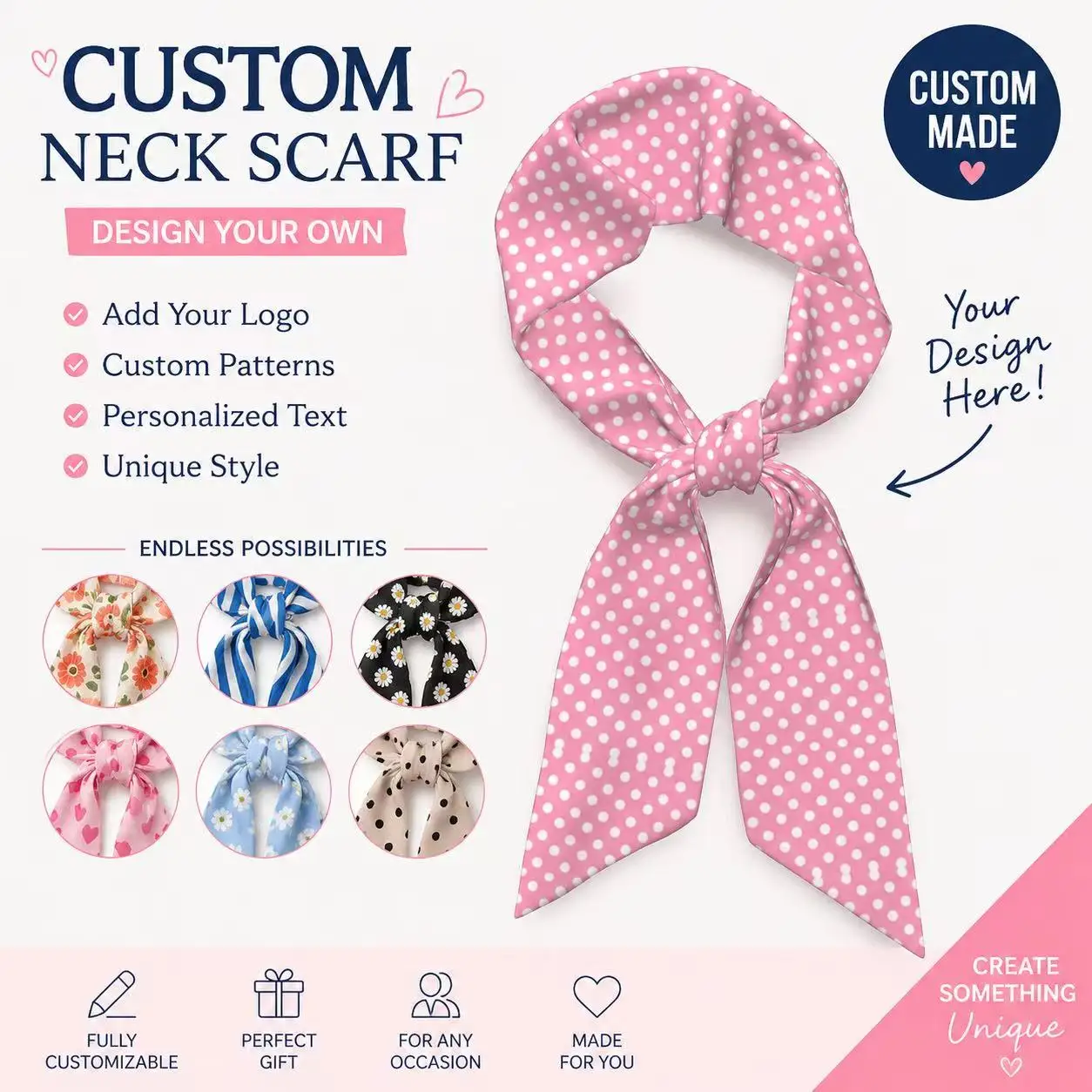 Customized Women Skinny Scarf 128x7.6cm Personalized Print Hair Ribbon Small Neck Scarf DIY Logo Purse Decoration Tie
