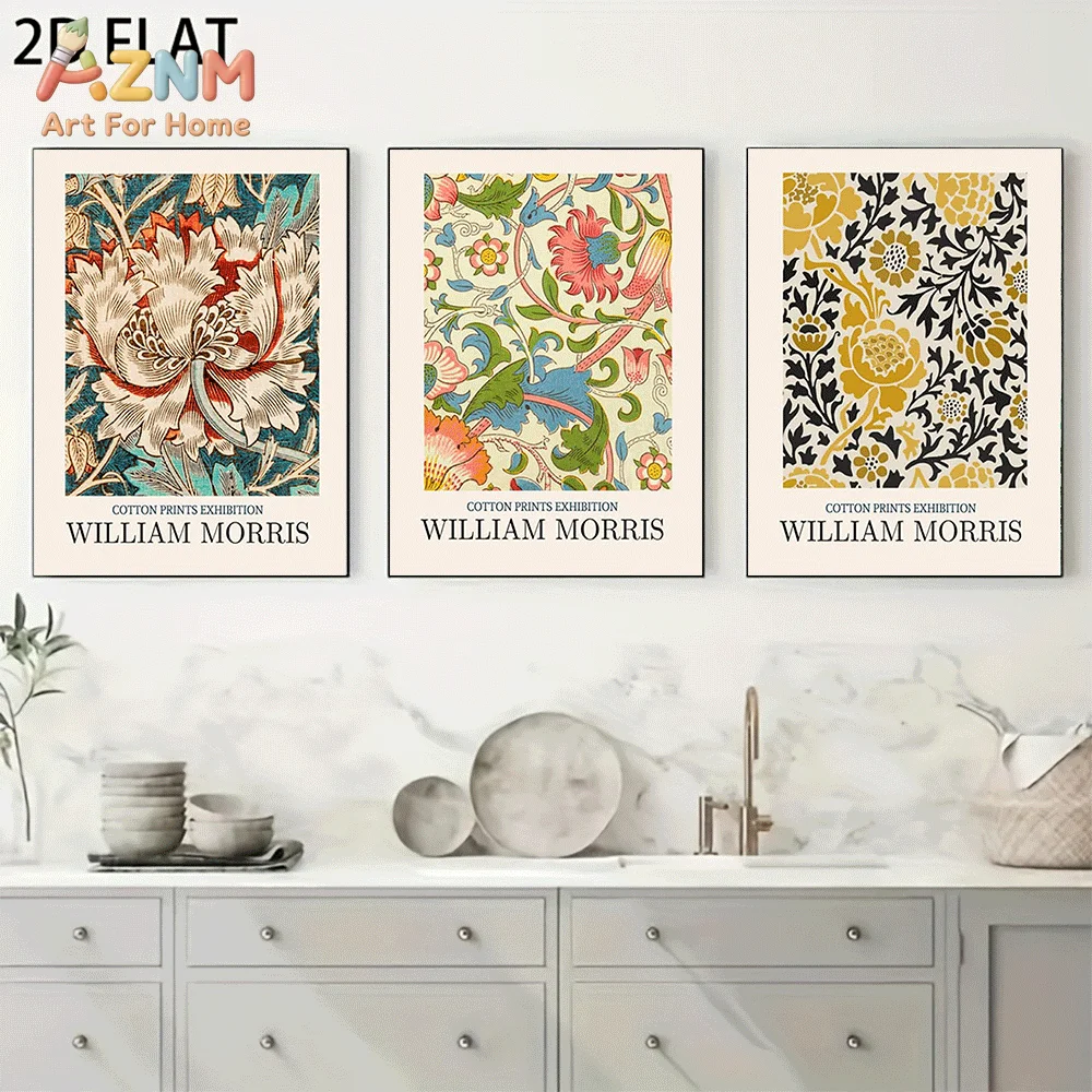 AZNM William Morris Canvas Wall Art, Vintage Floral Botanical Pattern Cotton Prints Exhibition Poster Frameless Print for Living