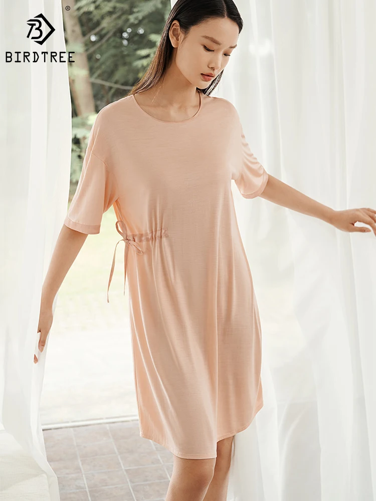 

BirdTree 6A 100%Mulberry Silk Pajama Dress,Short Sleeves Solid Simple Comfortable Soft Women,Nightdress,2024 Spring P41896QD