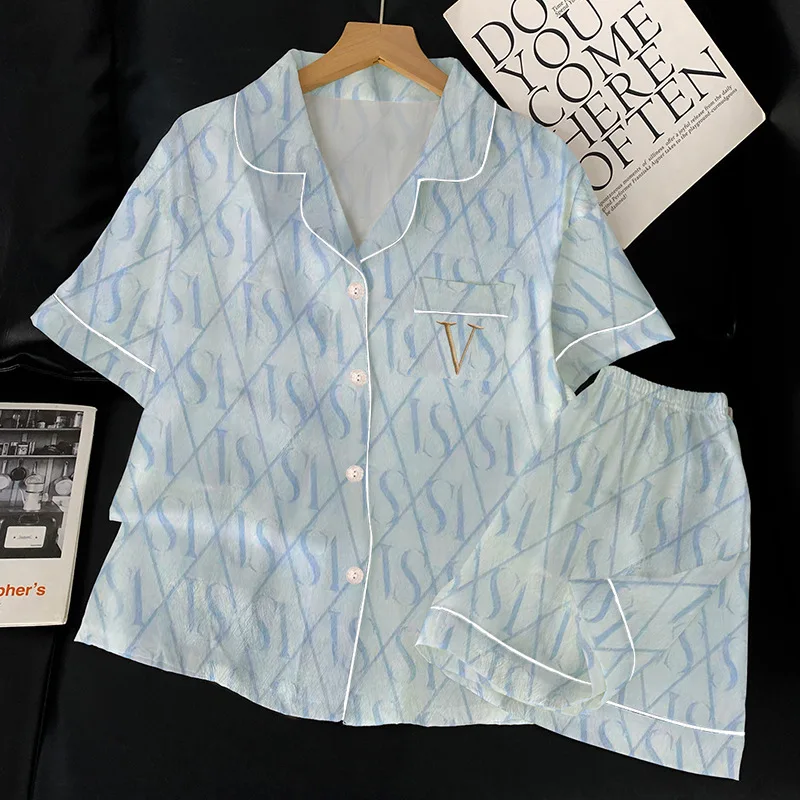 

Минималистичный пижамный комплект с короткими рукавами в корейском стиле для женщин, летняя легкая шелковая домашняя одежда, модный комплект из двух предметов