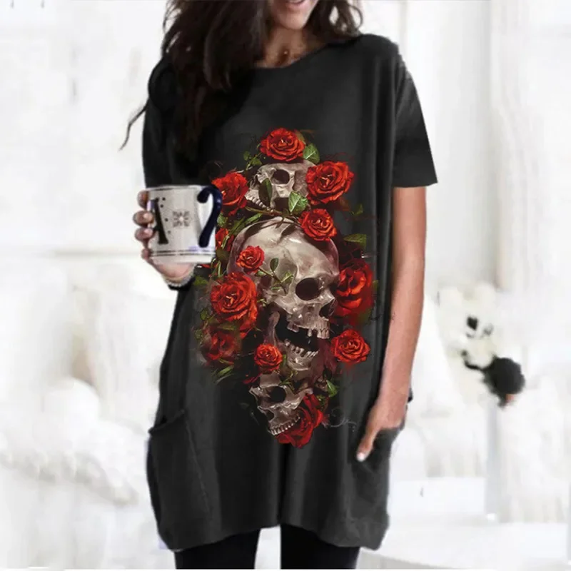 New Europe and The United States in The Spring and Fall Short-sleeved Rose Skull Print Casual Pocket T-shirt Blouse For Women's