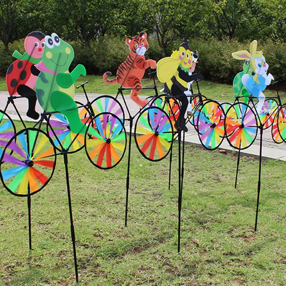 Bonito molino de viento 3D con forma de animal en bicicleta, estacas decorativas para jardín, colorido molino de viento para decoración de patio y césped, decoración navideña para exteriores.