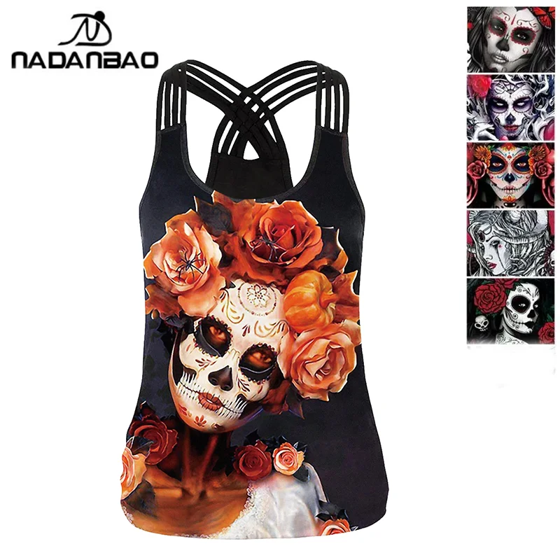 NADANBAO Sexy Hollow Out Women Tank Tops Backless Female Streetwear Hallowenn Tops 3D Print Rose Vest Sleeveless Fitness Clothes