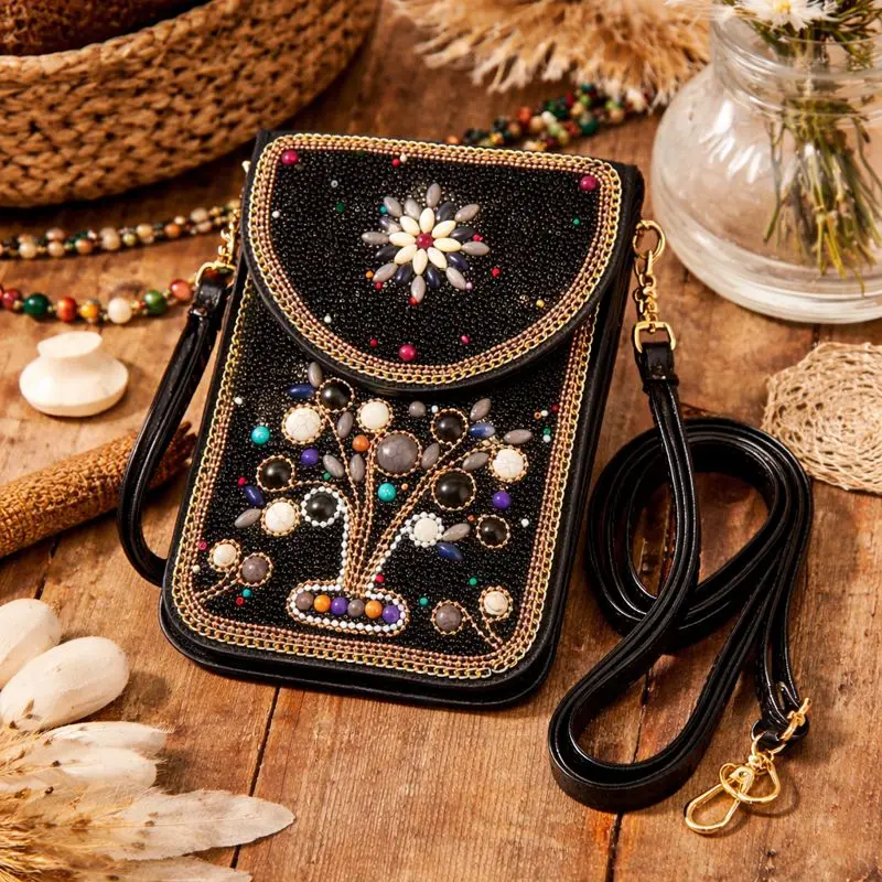 

Черная сумка через плечо с цветком Lucky Tree для телефона, элегантный черный хлопковый кошелек с золотой цепочкой для женщин, богемный кошелек с бахромой