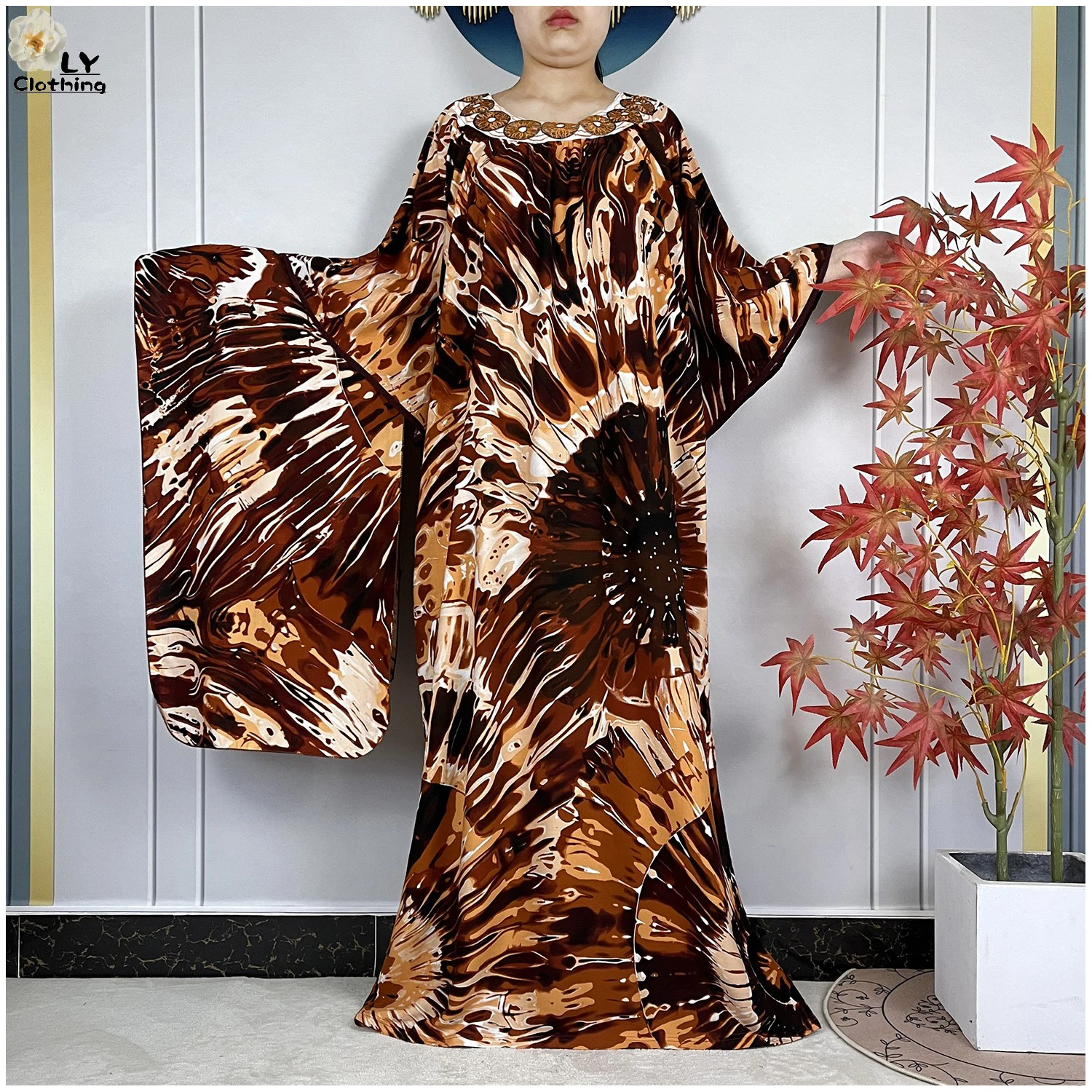 

New Style Cotton Dress Short Sleeve Women Abaya Tie-dye Dubai Lady Maxi Dress Loose O-neck Casual Fashion Dress African Vestidos