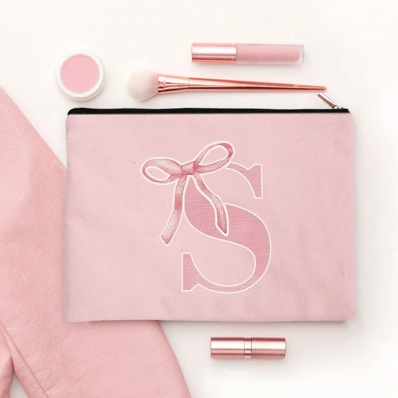 Pink Makeup Bags Initial Letter Cosmetic Zipper Pouch for Sister Girls Beauty School Graduation Travel Organizer Toiletries Bag
