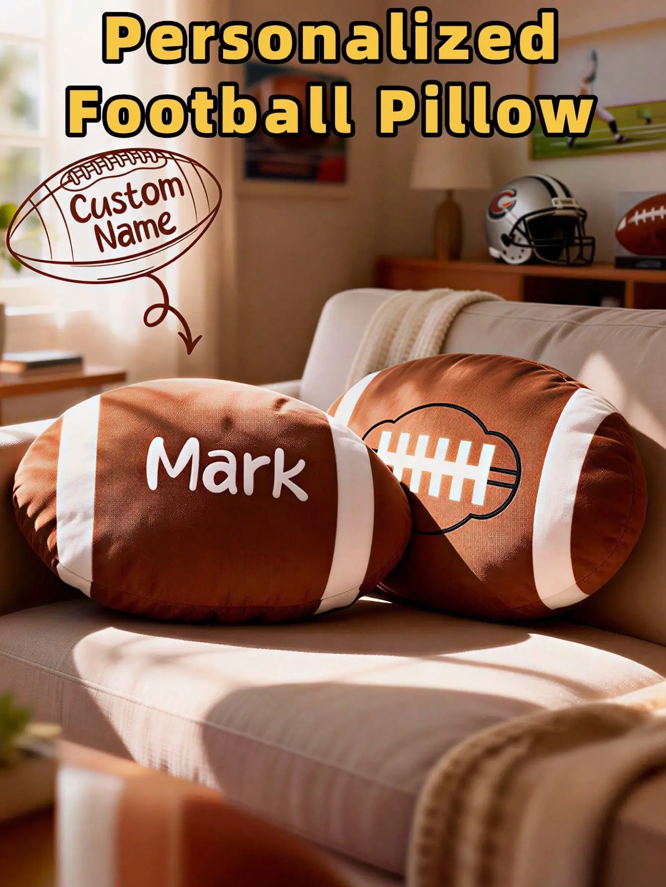 Custom Name Football Pillow Plush Personalized Soccer Cushion with Name Birthday Gift for Boy Girl Kids Bedroom Car Decoration