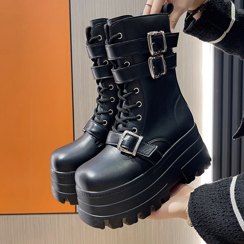 Nouvelles dames Goth plate-forme bottes marque de mode Rivet boucle Punk compensées talons hauts femmes bottes fête rue Cosplay femme chaussures