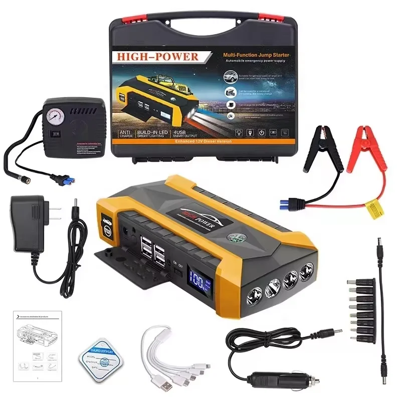 

2025 горячая распродажа, горячая распродажа, портативный автомобильный стартер 89800 мАч, 4 USB аккумулятора, автомобильный стартер, внешний аккумулятор с воздушным насосом и