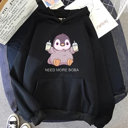 Cute Penguin Boba Tea Hooded Sweatshirt Harajuku Hoodies Lovely Kawaii Casual Hoody O-Neck Women's Hoodie