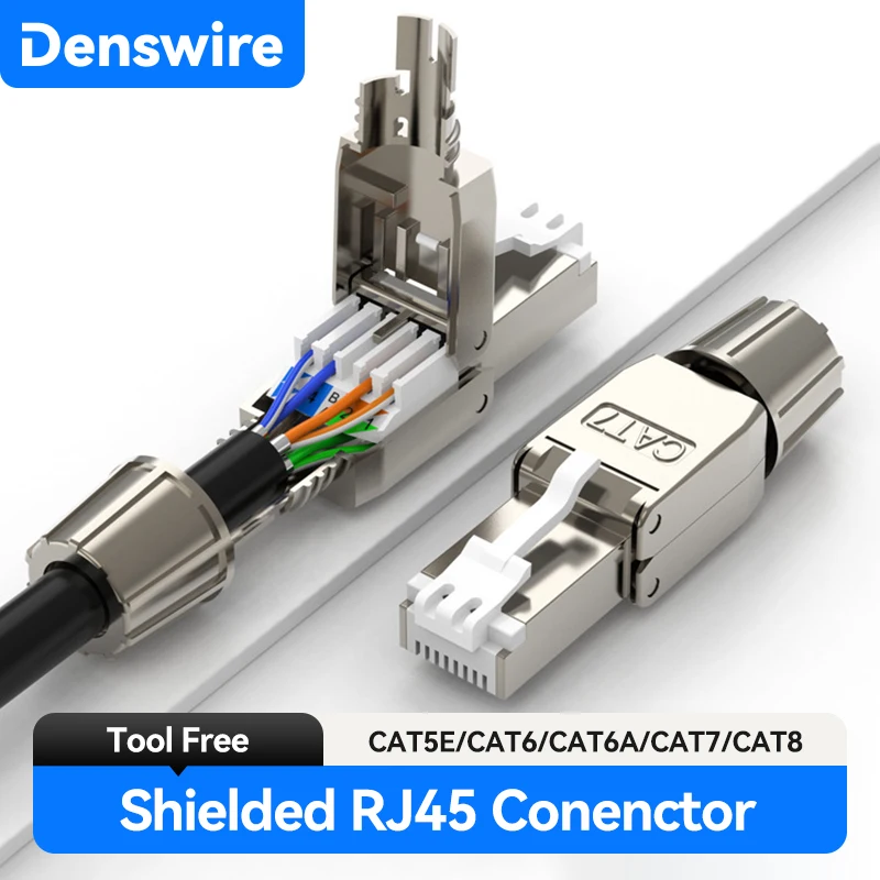 

Denswire CAT7/CAT6A RJ45 Connectors, Tool-Free Shielded Zinc Alloy Ethernet Plugs Termination Plug Fits Solid/Stranded Cable
