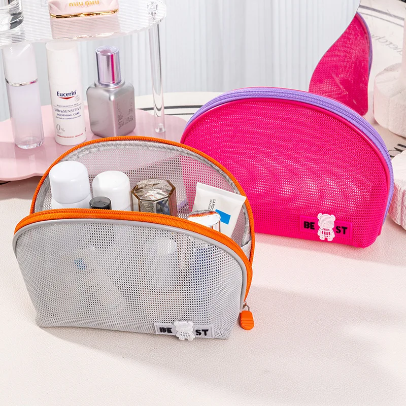 Handheld Semi circular Makeup Bags Dumpling Cosmetic Bag Mesh Travel Storage Organizer Beach Quick Dry Cleaning Toiletries Bag