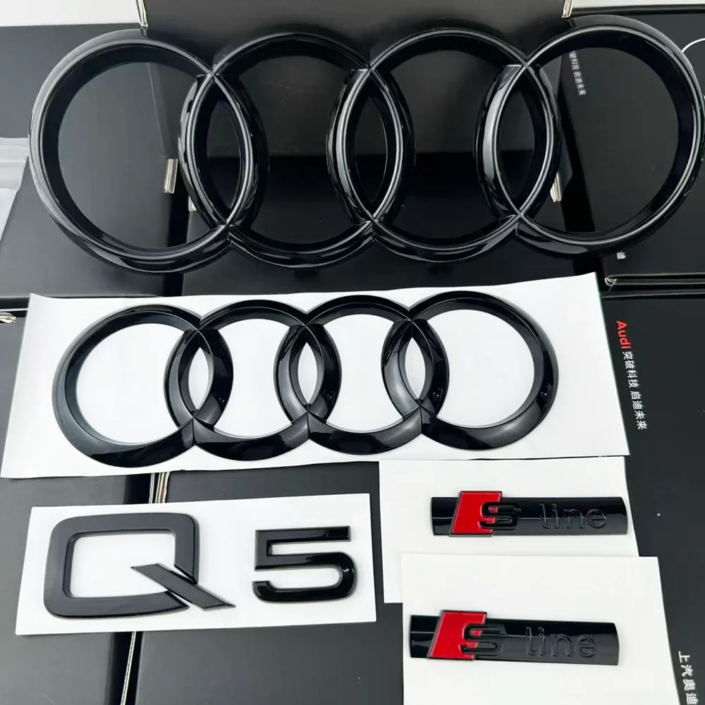 For audi Q5 2014-2019 Emblem logo 4Ring logo ABS Black Car Hood Front Grill Emblem Rear Trunk Badge Q5 Sticker Quarrto Sline