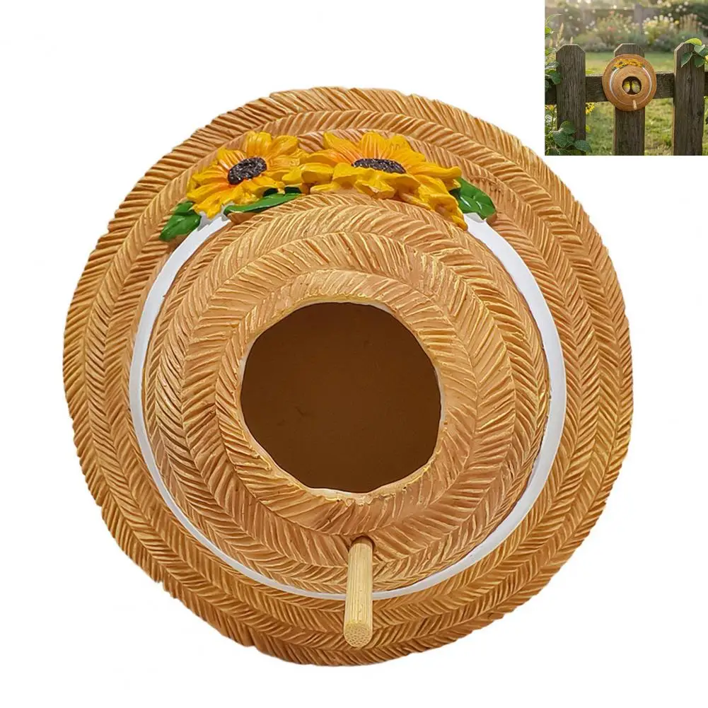Straw Hat Bird House, Resin Sunflower Hat Bird Shelter, Decorative Bird House with Perch Patio Backyard Wall Decor