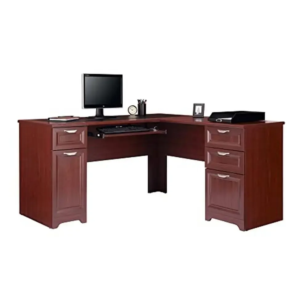 Corner Computer Desk L-Shape Cherry Finish Keyboard Tray Cable Management 4 Drawers