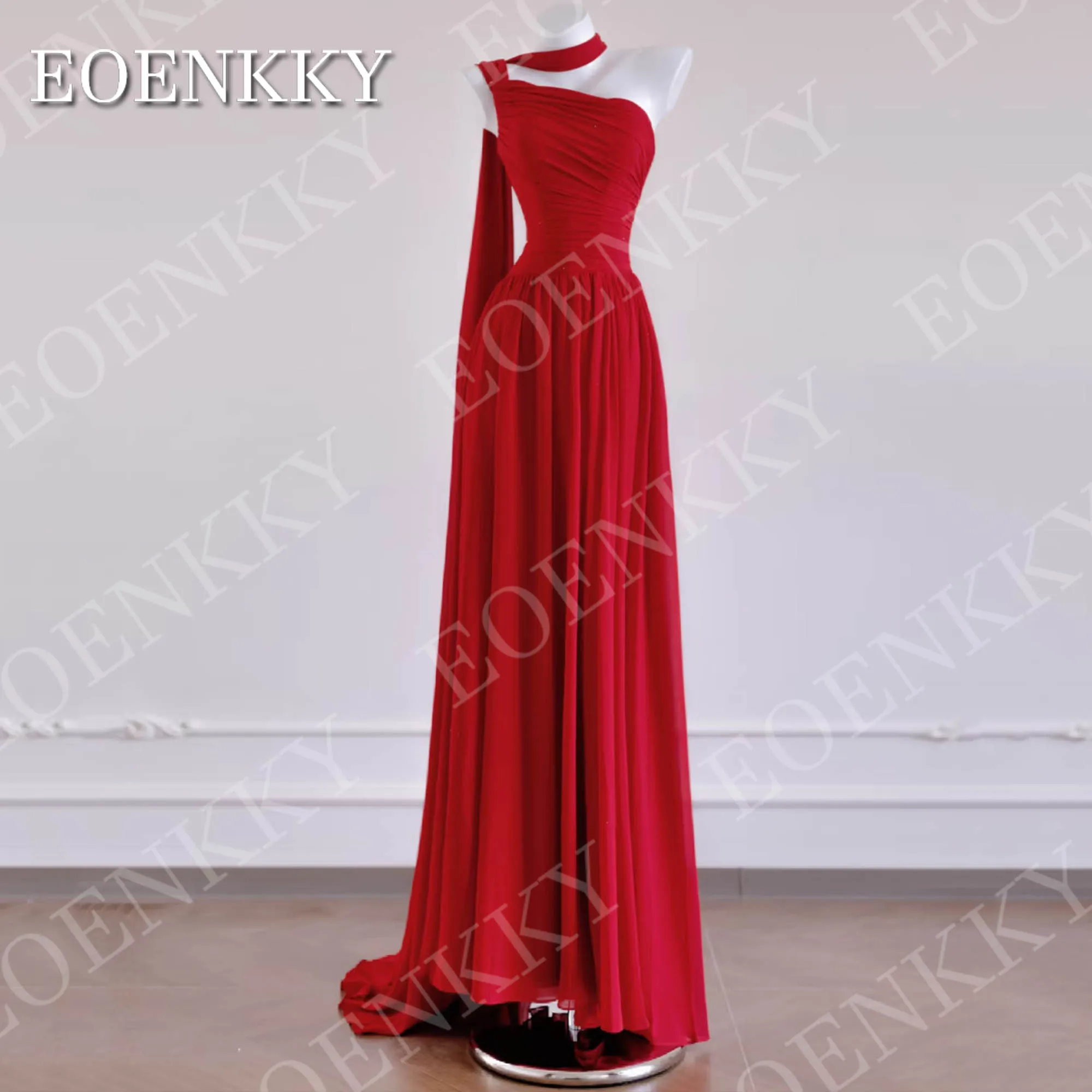

EOENKKY Red One Shoulder Evening Dresses Woman Long Elegant Chiffon Party Dress Sleeveless Floor Length Customized فساتين سهرة