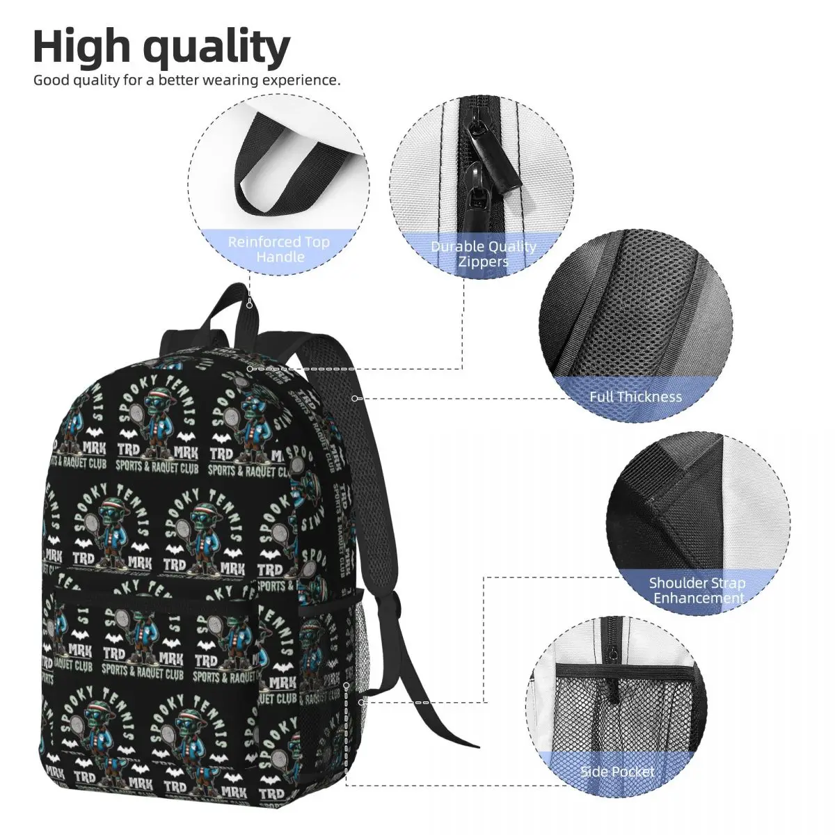 Spooky Tennis Sports And Raquet Club Backpack Daypack Large Capacity Children BookBag School Bag Shoulder Bags for Men Women