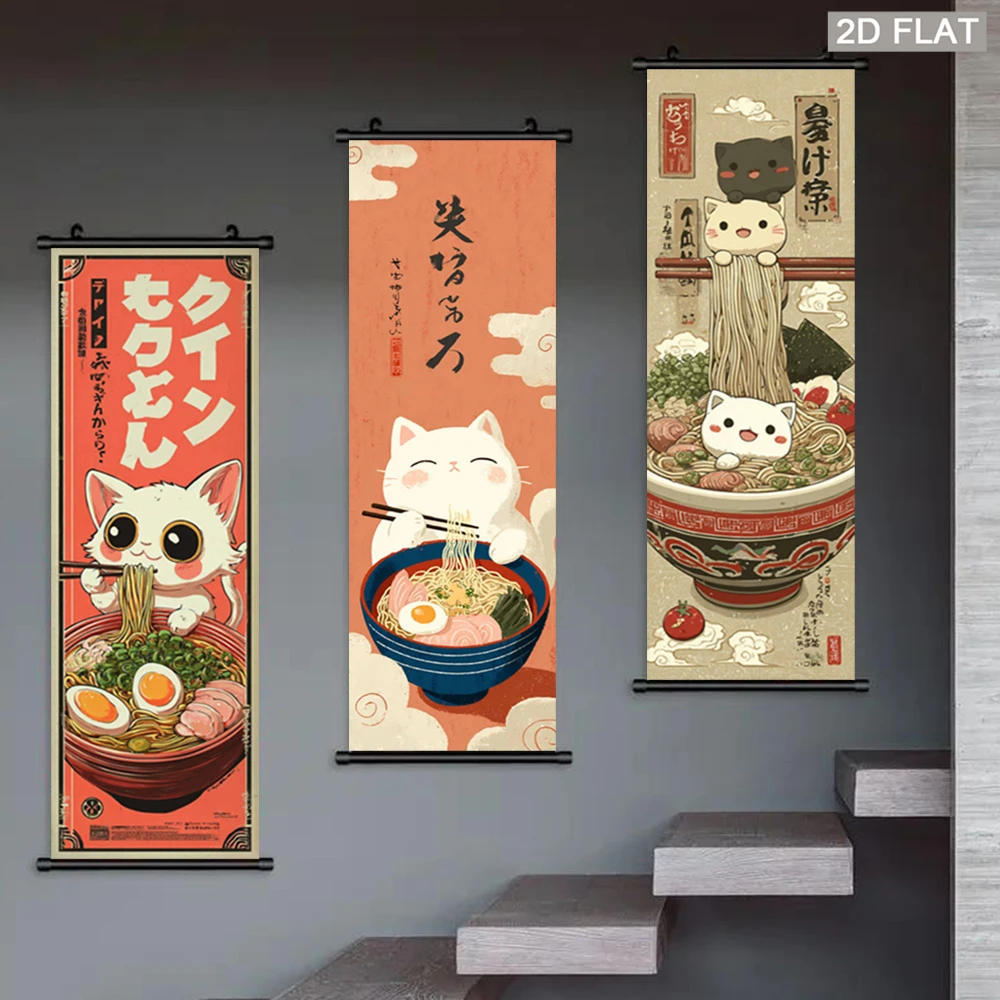 VIKAMA Retro Kitten Scroll Tapestry, Fun Cat Eating Ramen Wall Hanging, Anime Fabric Poster, Kitchen Wall Decoration