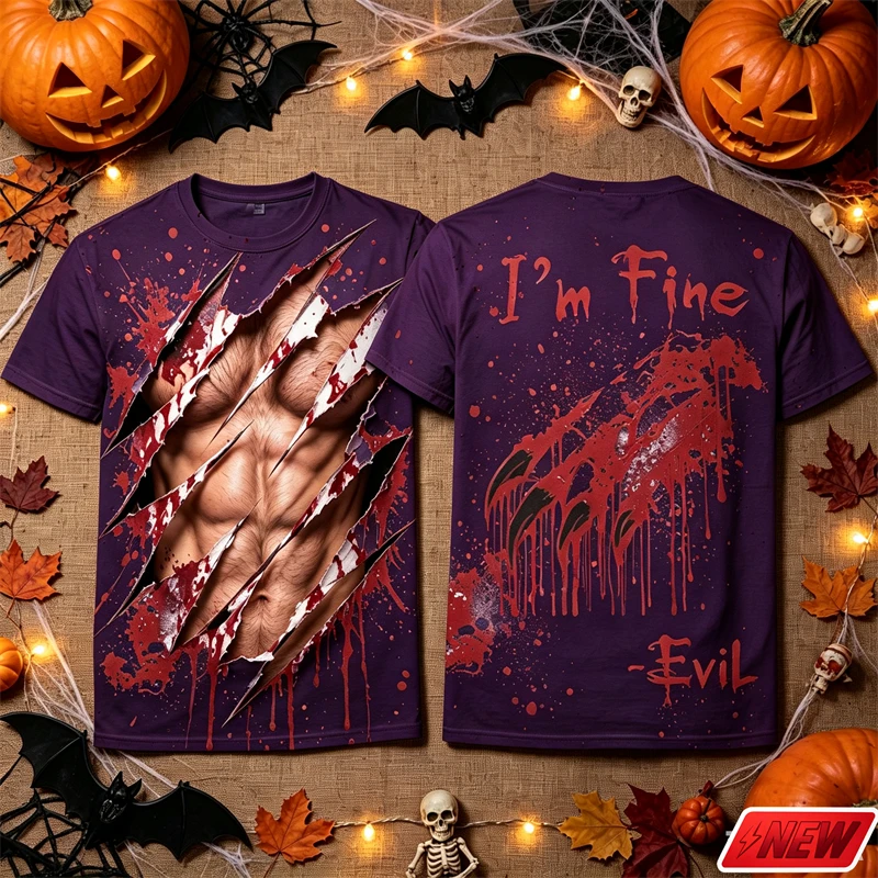 Halloween I'M Fine T Shirt Men 3D Ripped Fake Muscle Abs Blood Splatter Pattern Short Sleeve Quick Dry Tee Horror Cosplay Tops