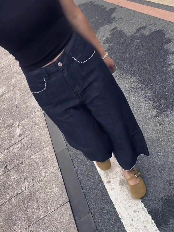 

Lace Trimmed High Waist Wide Leg Nine Points Jeans Women's Summer Thin Pear Shape Slimming Jeans Casual Loose Fit