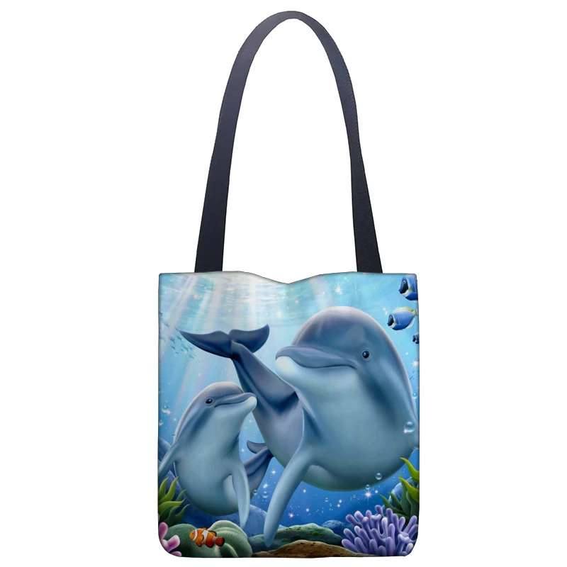 Tote Bags Ocean Dolphin Print Fabric Eco Handbag High Capacity Shopping Office Reusable Casual Shoulder Bag