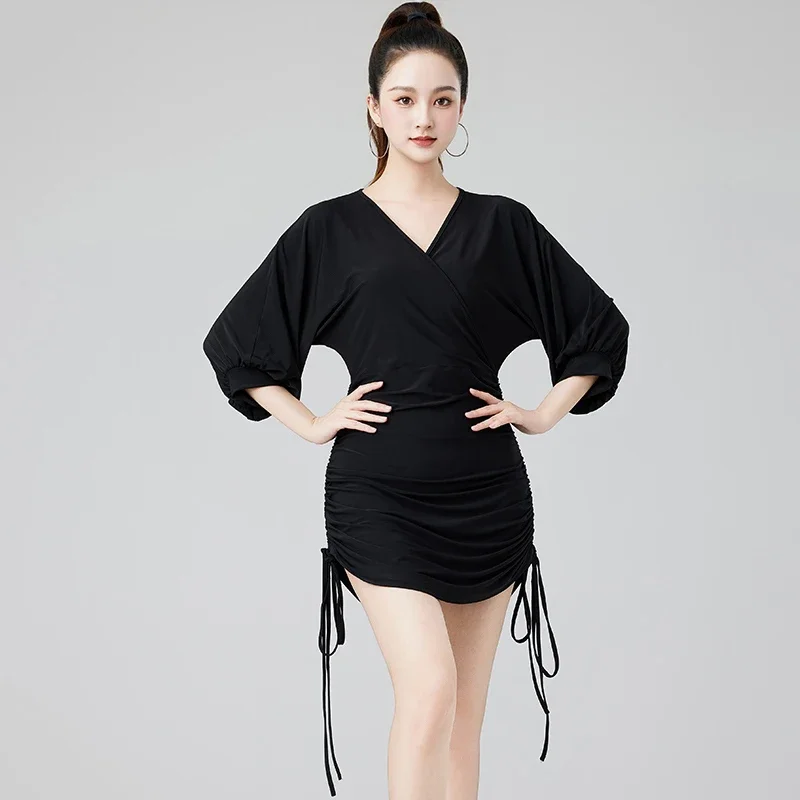 

Women'S Short Sleeves Ballroom Dance Dress Adults Waltz Modern Dancing Clothes Black Latin Dance Dresses Practice Wear
