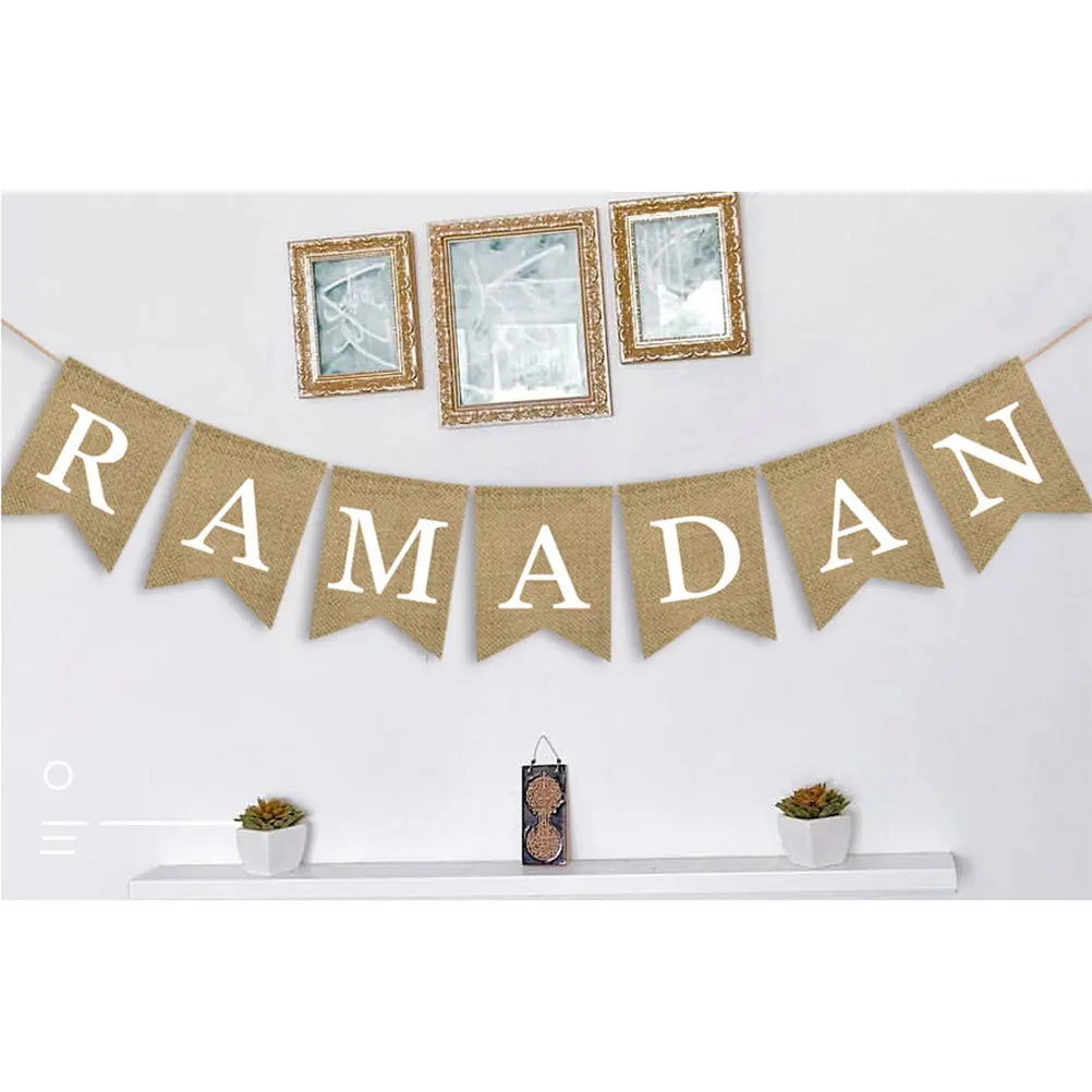 Ramadan Burlap Banner – Eid Celebration Decoration Flag, Rustic Natural Theme Party Bunting for Table Mantel Fireplace - view 3
