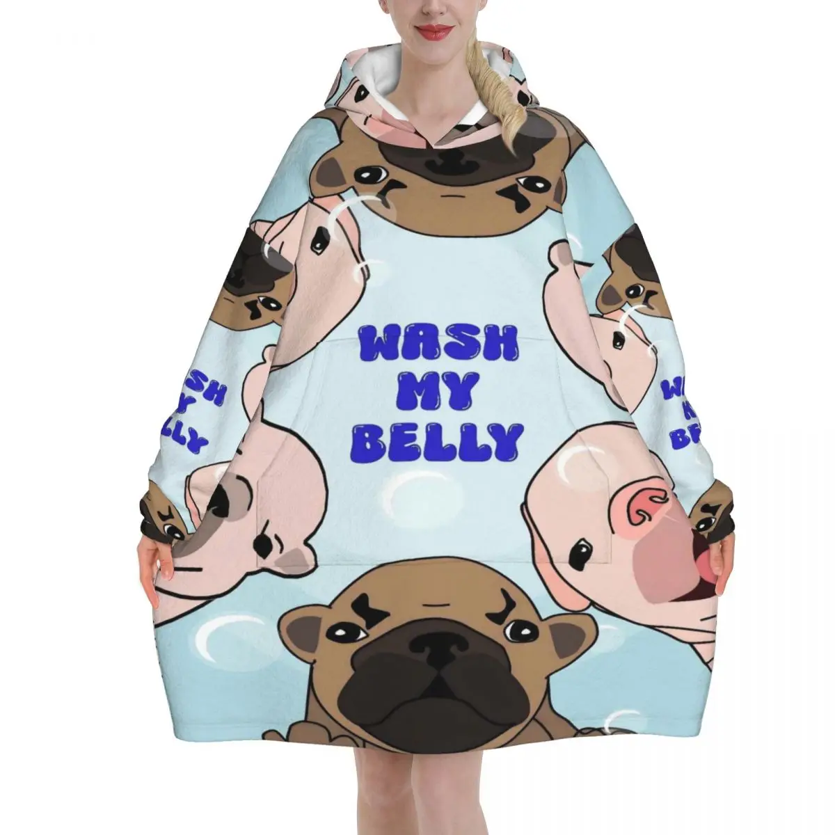 Pibble Meme Wash My Belly Blanket Hoodie Wearable Blanket Oversize with Pocket Warm Sleeping Bag Soft Cozy Onesie