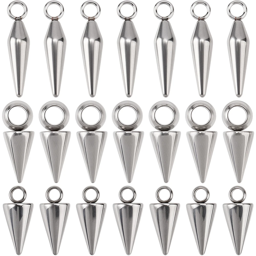 1 Box 36Pcs 3 Styles Silver Charms Stainless Steel Cone Charms Metal Steampunk Hip Hop Rivet Taper Shape Pendants for Jewelry