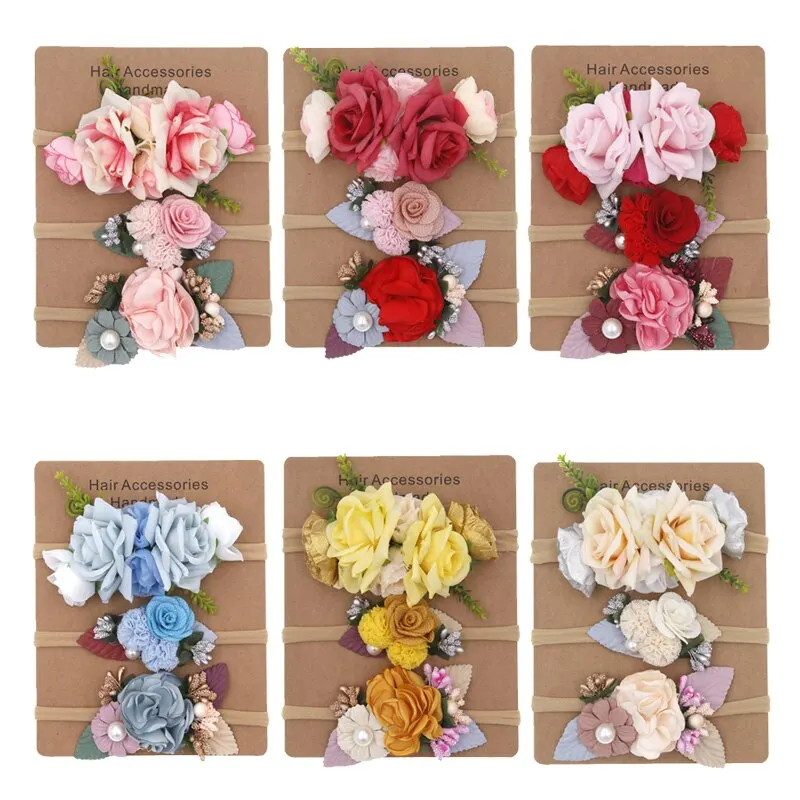 3PcsFlower Baby Girl Headbands Elastic Nylon Baby Headwear Elastic Turban Newborn Hair Accessories