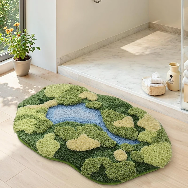 3D Tufted Forest Moss Bath Mat, Extra Thick Flocked Bathroom Rug, Ultra Soft Absorbent Quick Dry Foot Mat, TPR Anti-Slip Backing