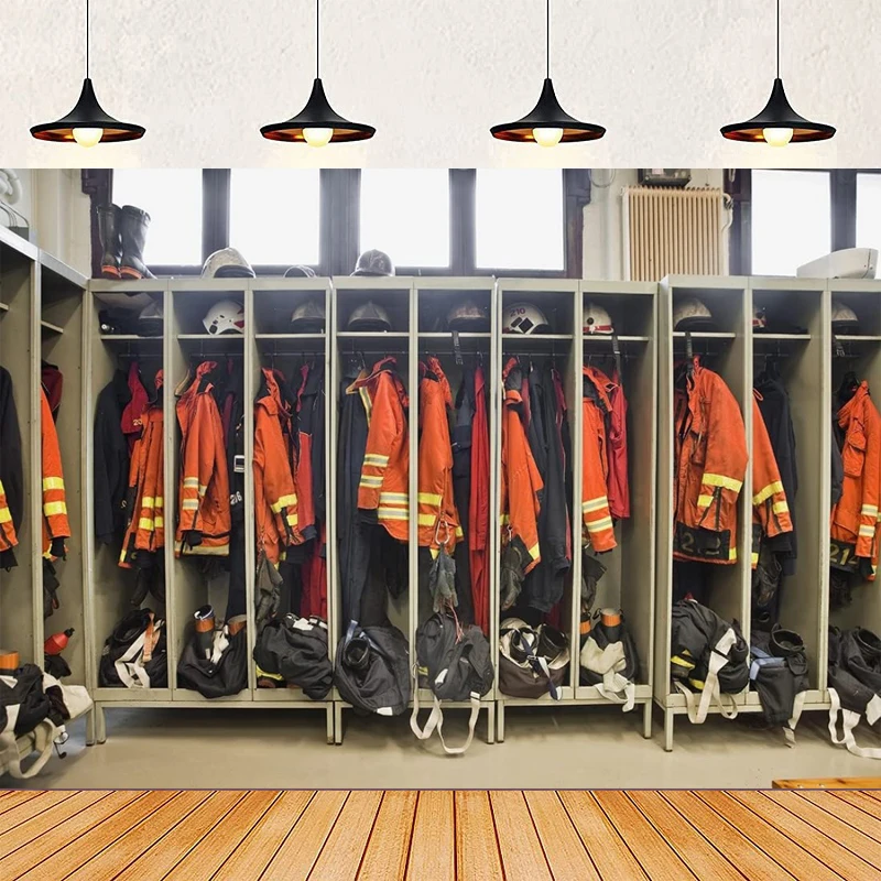 

Фон для фотосъемки пожарных в шкафчика для интерьера пожарной станции, костюмы пожарного, оборудование, фон для вечеринки пожарного