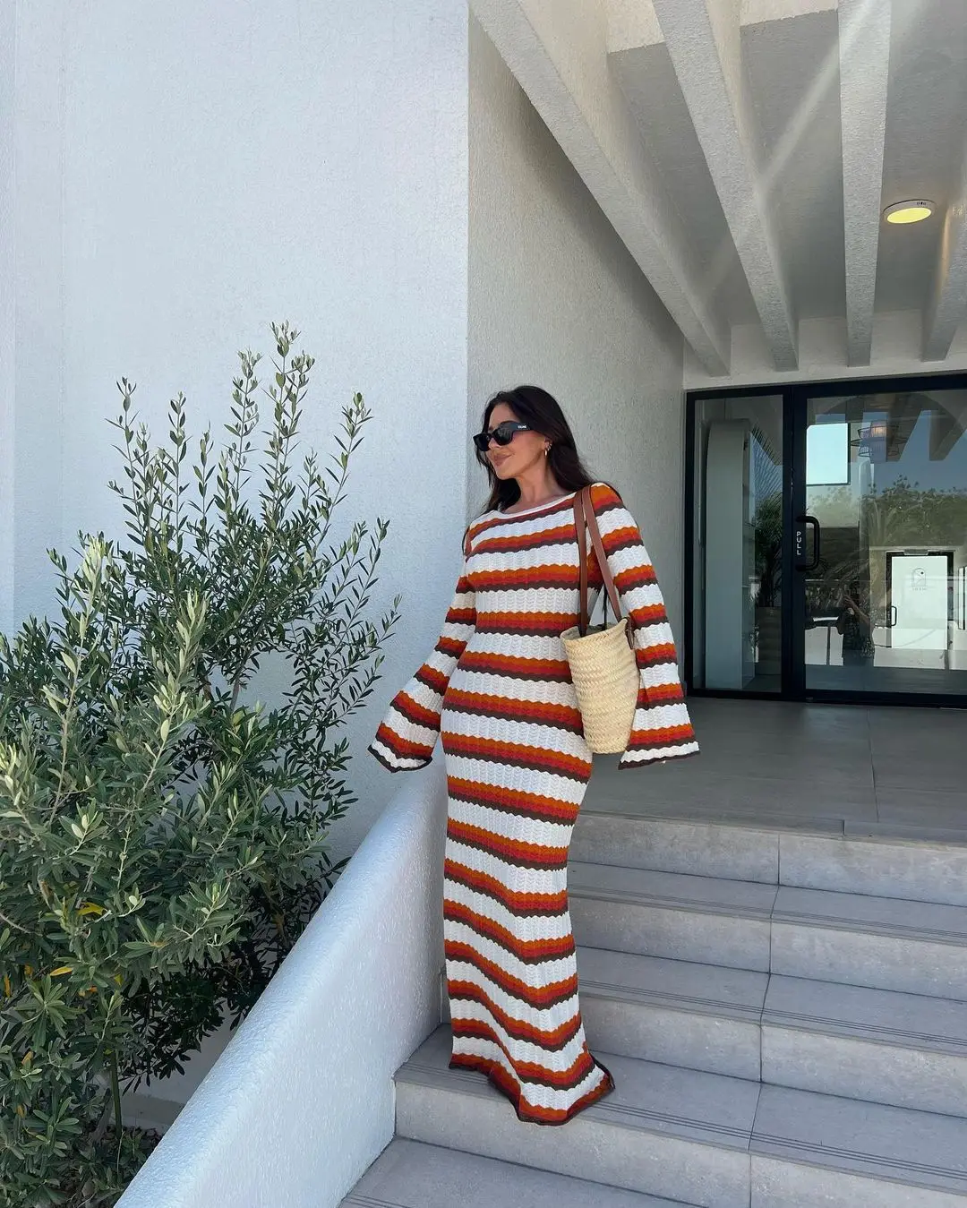 Summer Knitted Stripe Maxi Dress Women Crochet Sheer Flare Sleeve Party Dresses Sexy Backless Beach Holiday Long Dresses Robes