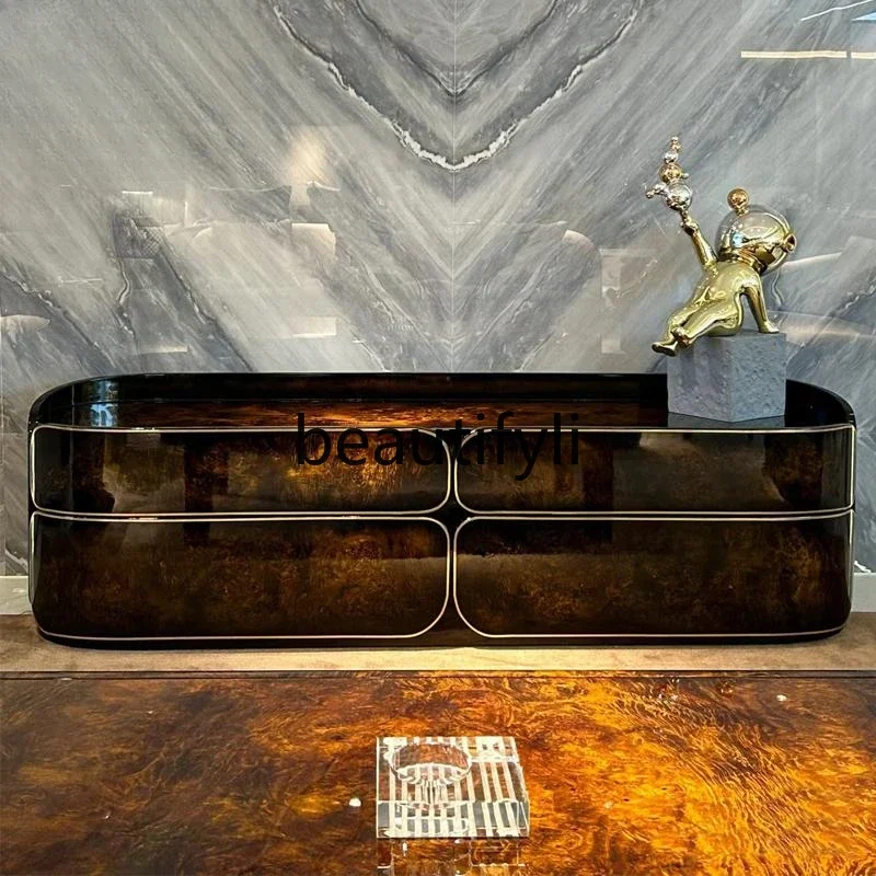 

Italian light luxury solid wood TV cabinet living room high-end tree tumor pattern floor cabinet piano paint